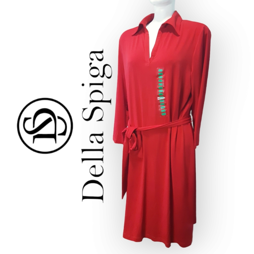 Della Spiga Italy slinky long sleeved collared v neck belted red dress XL